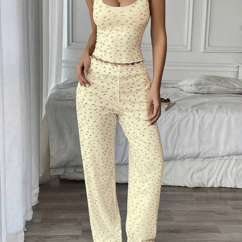 Yellow Floral Ribbed Pajama Set